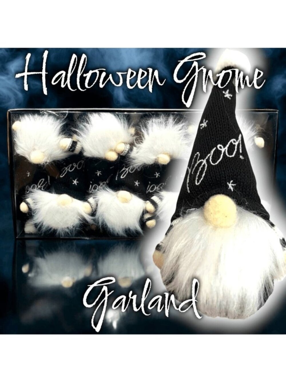 Halloween Witch Gnomes Garland Banner Boo Black White Mantel Party Decor 6ft